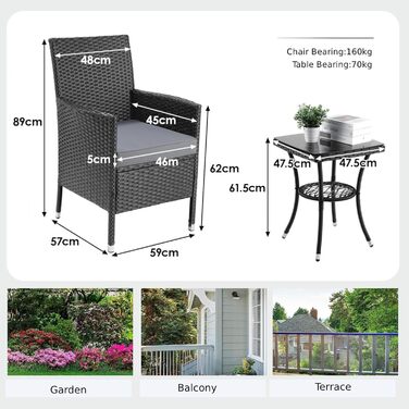Набір меблів для балкона LIFERUN 3 шт. з ротангу, подушками та склом, чорний
