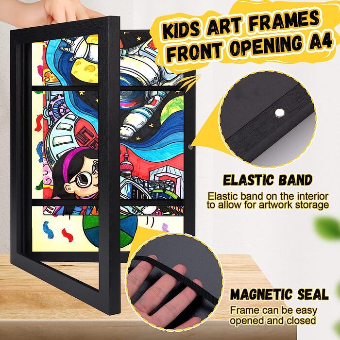 Рамка для фотографій Pipihome дитячі малюнки, дитяча художня рамка для фотографій передній отвір заповнюється рамка для фотографій формату А4 складна Художня фоторамка для дитячих фотографій, дитячі художні проекти (чорний)
