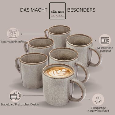 Набір кавових чашок SÄNGER Kairo Graphit (6 шт.) з каменю, 400 мл, для 6 осіб, миючі в посудомийній машині та придатні для мікрохвильової печі, коричневий мокка