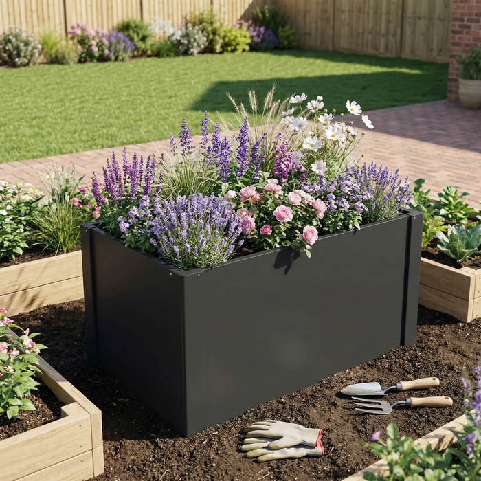 Підвищений грядка з відкритим дном, комплект з підсилюючими рейками та рукавичками, 102 x 52 x 55 см, Чорний