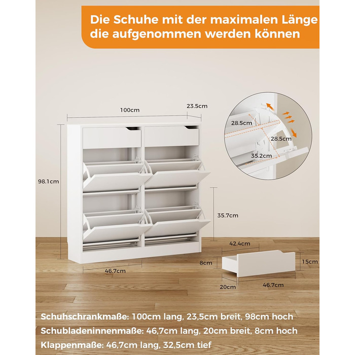 Шкаф для взуття IRONCK з 4 дверцятами, вузький, з 2 висувними ящиками, окремо розташований, з регульованими перегородками, для передпокою, входу та вітальні (Білий) 100*23.5*98 см, Білий