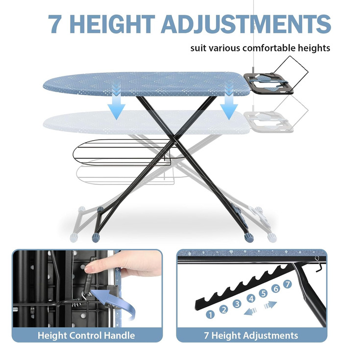Прасувальна дошка KINGRACK з гачком для зберігання, дуже товста кришка, 7 регульованих по висоті, протиковзкі ніжки, синій