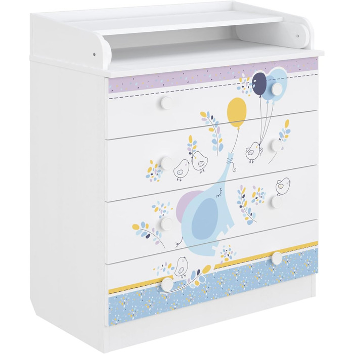 Дитяча пеленальна комода Shefa Kids Elefant з повітряною кулькою – 4 шухляди, з відкидним столиком, для дитячої/немовлятньої кімнати, ергономічна пеленальна станція, білий слон