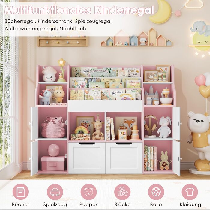 FOREHILL Дитяча полиця-стелаж для іграшок та книг у кімнату з дерева, рожева, 122 x 30 x 100 см