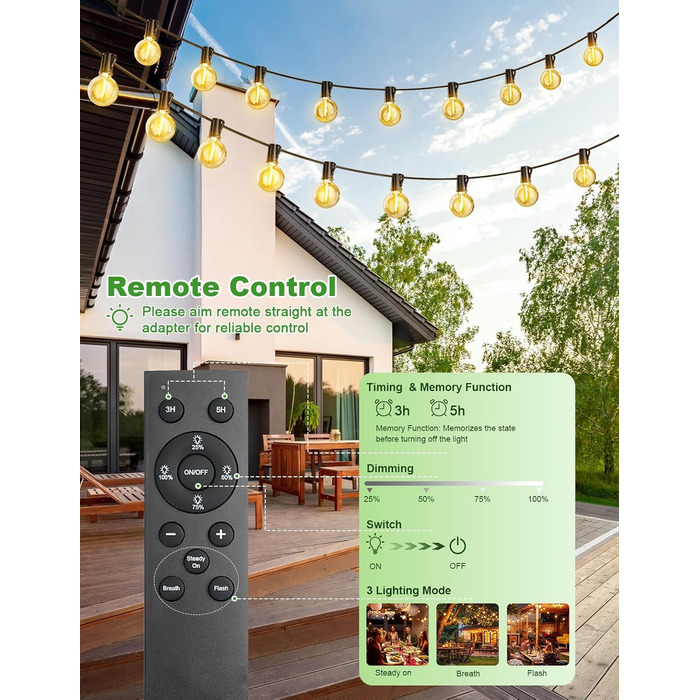 LED гірлянда для вулиці, 20.7м, з таймером, 30+1 лампочки G40, диммування, IP44, для декору саду, балкону, дому