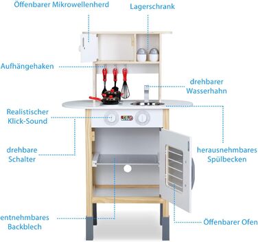 Дитяча кухня Spielwerk зі звуком, дерев'яні аксесуари, регулювання висоти, годинник, 38 шт. (Happy Kitchen)