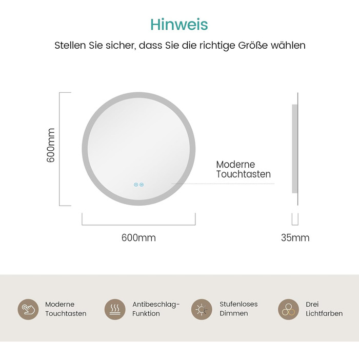 Дзеркало для ванної кімнати EMKE з підсвічуванням 80x60 см, сенсорне управління, антизапар, 3 кольори світла, регулювання яскравості, функція пам'яті, енергозбереження