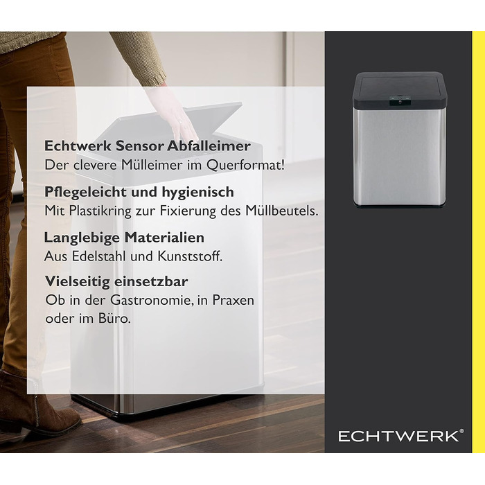Сенсорний відро для сміття Echtwerk, 48 л, чорний, з інфрачервоним датчиком, Soft Close, нержавіюча сталь