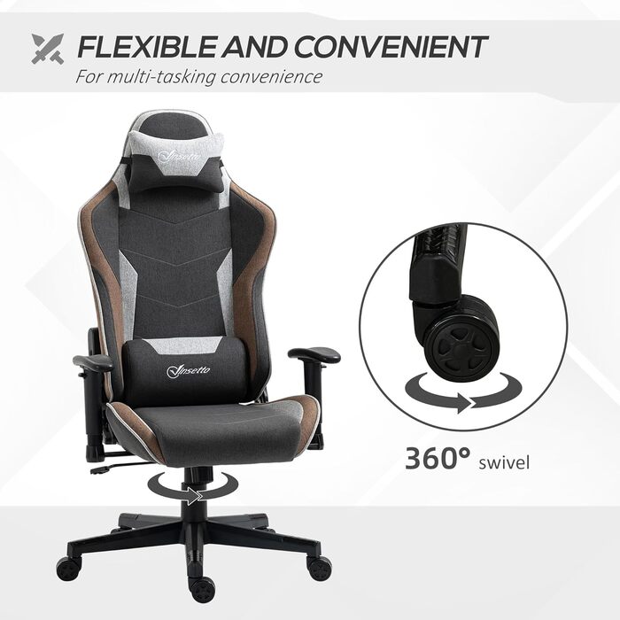 Крісло ігрове Vinsetto Ergonomic з регулюванням висоти, підголівником та підтримкою попереку, сірий