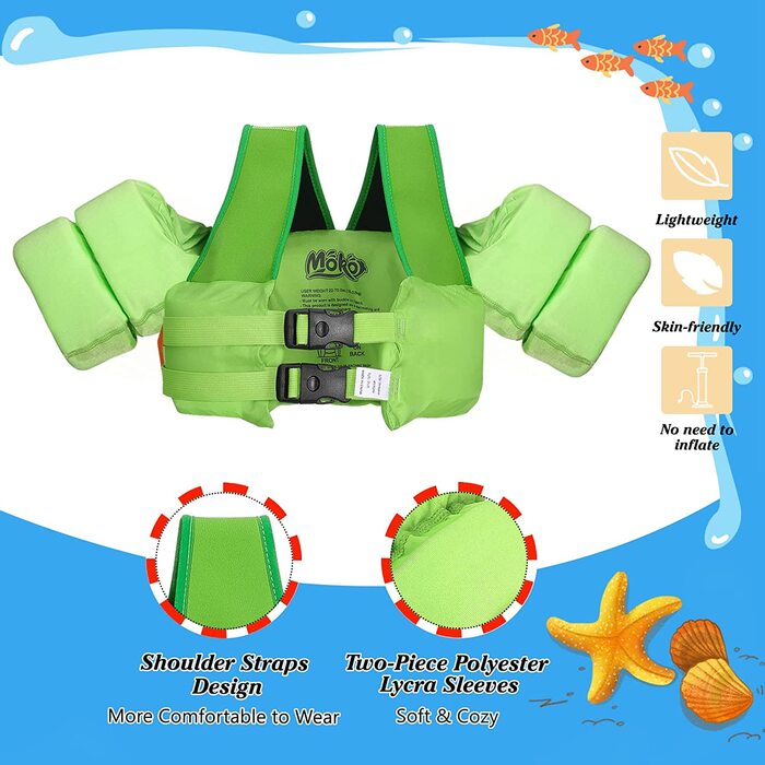 Дитячі плавальні крила MoKo, мультяшний рятувальний жилет з плечовим ременем, тренувальна куртка для плавання, плавальний купальник, аксесуари для плавання з подвійною пряжкою для хлопчиків і дівчаток, для дітей вагою 30-70 фунтів, зелений і динозавр