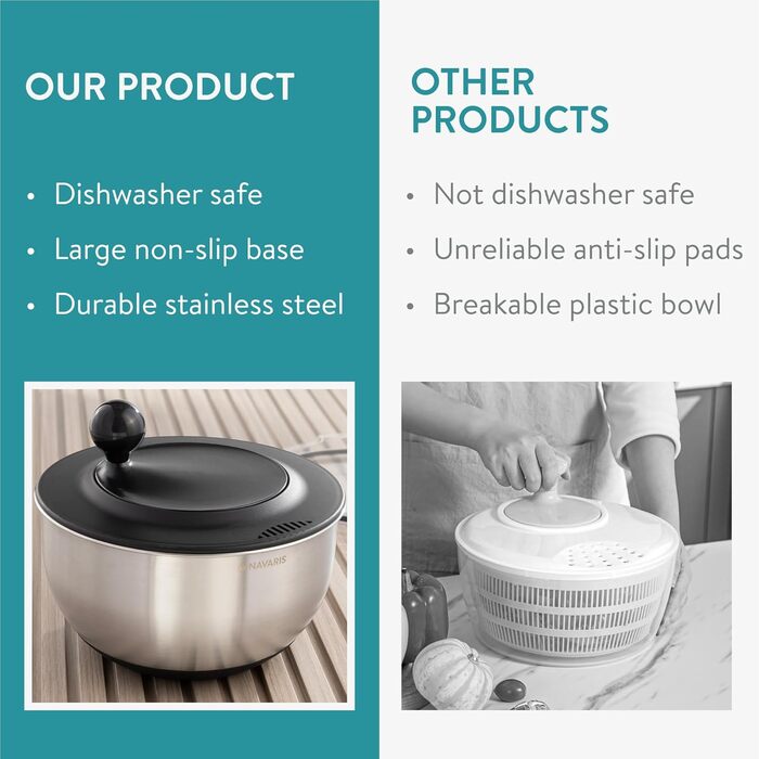 Навіс салатниця з нержавіючої сталі Navaris з кришкою та друшляком - для сушіння салату