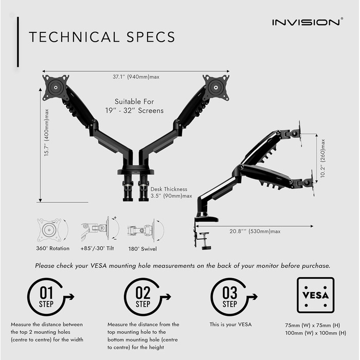 Кріплення для монітора Invision MX400 - 2 монітори, 19-32 дюйми, VESA 75/100 мм, регулювання висоти, настільний кріплення