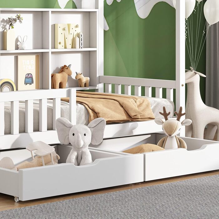 Ліжко дитяче 80x160 см з ящиками та віконцем, масивне дерево, захист від падіння, ламелі, для хлопчиків та дівчаток, ліжко-будиночок, без матраца, білий колір