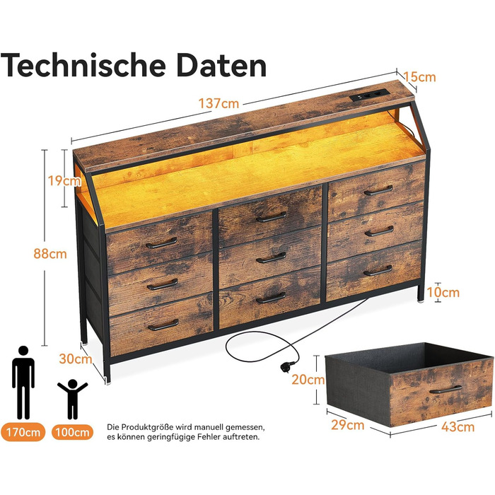Комод ODK з висувними ящиками, 9 тканинних ящиків, 2 розетки, 2 USB-порти, LED-підсвітка, для спальні/вітальні, вінтажний стиль