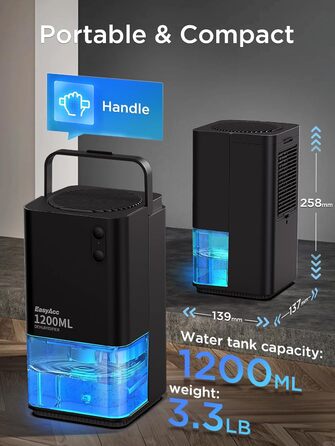 EasyAcc Електричний осушувач повітря 1200 мл, компактний, тихий, портативний, з автовимкненням та режимом сну. Ідеально для офісу та дому. Чорний колір.