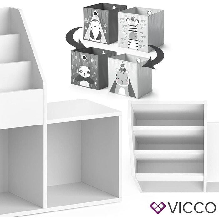 Дитяча полиця Vicco Полиця для іграшок Луїджі Книжкова шафа для зберігання Полиця для коміксів для дітей ((лавка 2 відділення), ) (біла, 72x79 зі складними коробками для панди/тигра)
