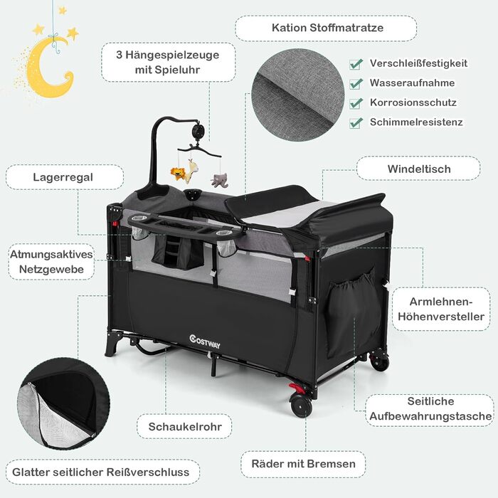 Дитяче ліжко-манеж COSTWAY 120x60 см, 2 рівні, з матрацом, пеленальним столиком, іграшками та музичною шкатулкою, мобільний, регульований, для дітей до 15 кг