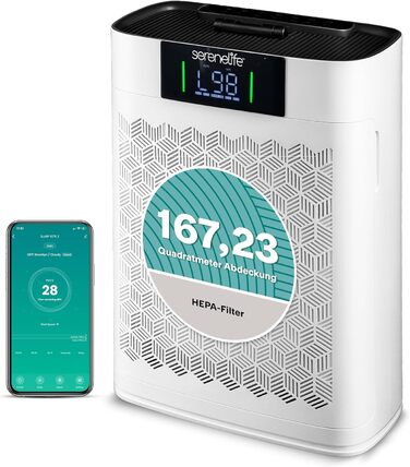 Повітряний фільтр SereneLife з HEPA-фільтром – керування через додаток, 20dB тихий, для приміщень до 100м², проти диму, пилу, запахів та шерсті тварин, білий