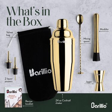 Набір бармена Barillio Gold Mixology – 8 предметів з нержавіючої сталі, включає шейкер, міклер, мохіто-толкуш та аксесуари для приготування коктейлів