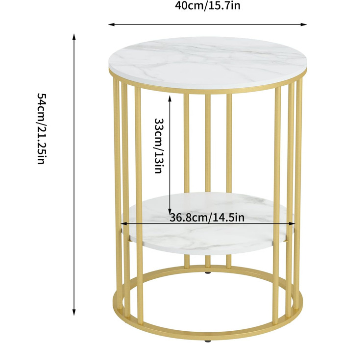 Столик FATIVO круглий мармур білий, 2 полиці, залізний каркас, 404054см, золото