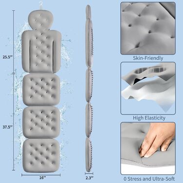 Подушка для ванни, повного тіла з 160 присосками, килимок для ванни для підтримки голови та шиї, з мішком для білизни (Темно-сірий, 130 x 41 см)