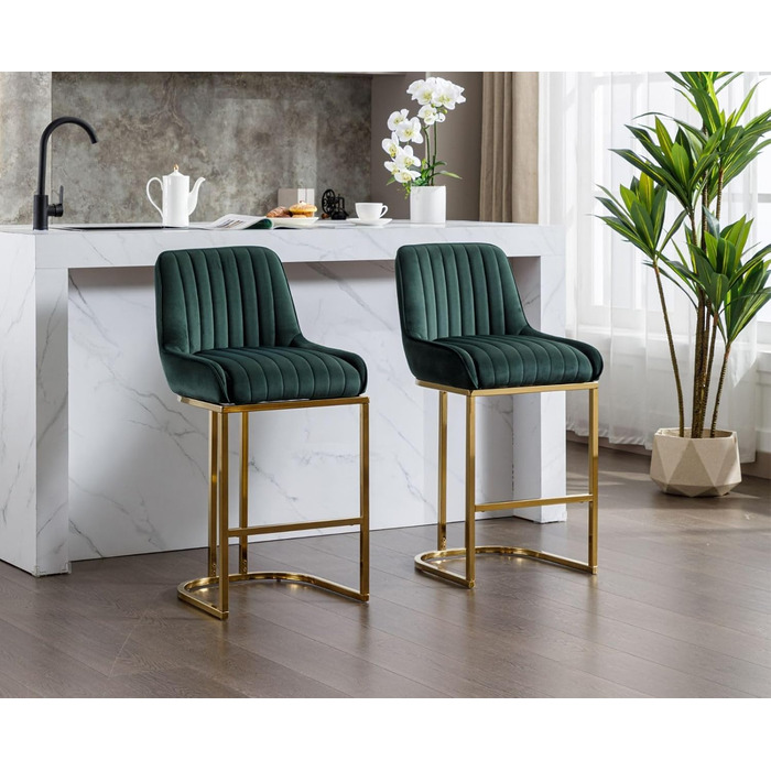 Набір з 2 барних стільців з велюру з золотистими ніжками, з підлокітниками та спинкою для кухонного острова/домашнього бару (зелений)
