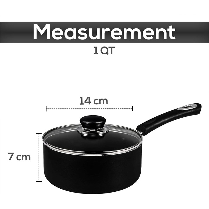 Каструля для соусу 14 см - Каструля з антипригарним покриттям з кришкою - Багатофункціональна каструля (чорна)