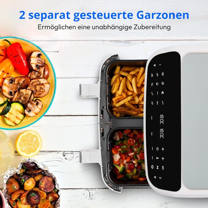 MEDION P20 XXL Фритюрниця для повітряного приготування з 2 камерами (8,7 л, Airfryer, 2600 Вт, подвійна камера, 10 автоматичних програм, 2 ящики, віконце, Dual Airfryer, ILAG PFAS-free, MD11760) матово-білий
