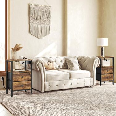 Нічний столик з підзарядкою, тумбочка з 2 шухлядами, приліжний столик з USB-портами та полицями, для вітальні, спальні, вінтажний коричневий та чорний XET02CBRY (2)