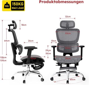 Ергономічне крісло для офісу Voll-Mesh з підголівником, підставкою для ніг, регульованою спинкою, підлокітниками, саморегульованою поперековою підтримкою, PU-колесами, поворот на 360°, 150 кг, темно-сірий
