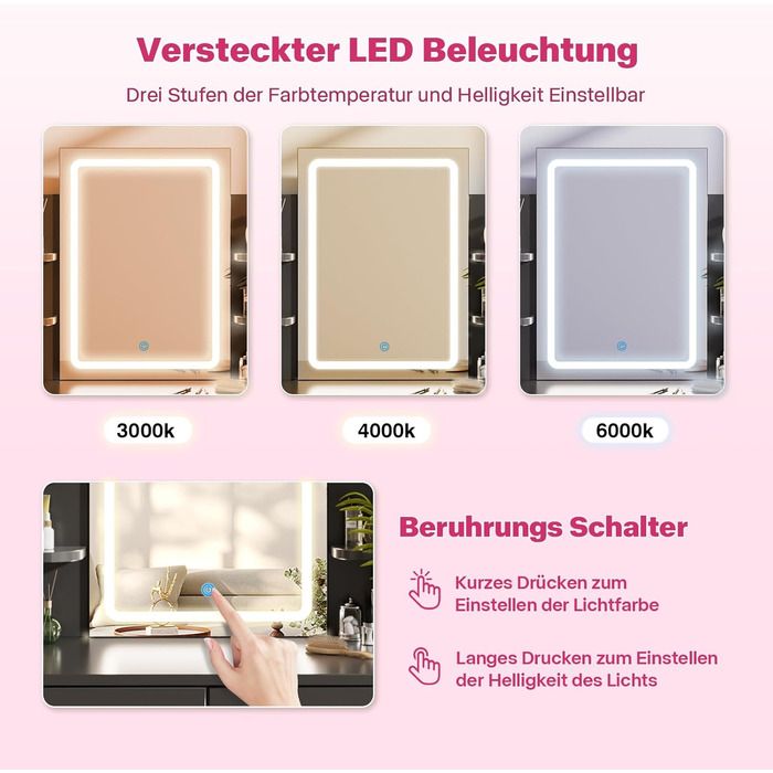 Великий туалетний столик Airfish з підсвічуванням 108x40 см, з дзеркалом та полицями, 2 шухляди, регульована яскравість, 3 кольори, для спальні/вітальні (білий туалетний столик) (чорний туалетний столик)