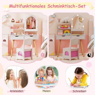 Детський туалетний столик COSTWAY 2-в-1 зі стільчиком та дзеркалом, з LED-підсвіткою, з шухлядами, для дівчаток 3-7 років, колір білий