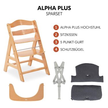 Дитячий високий стільчик Hauck Alpha+ з дерева, регульована висота, з подушкою, захисний бампер та ремінь, від 6 місяців, колір подушки: Jersey Charcoal Natur