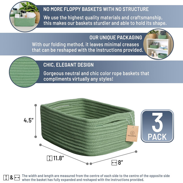 Кошики для полиць NaturalCozy, прямокутні, 30 x 20,3 x 11,4 см, зелені, набір 3 шт.
