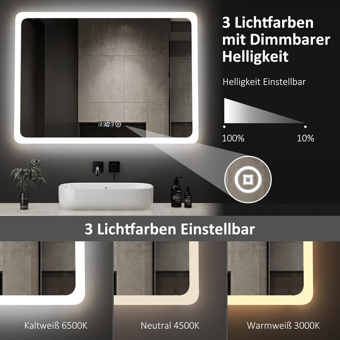 Дзеркало для ванної кімнати з підсвічуванням та годинником Boromal, 80x60 см, диммування, 3 кольори світла (3000-6500K), 2940LM