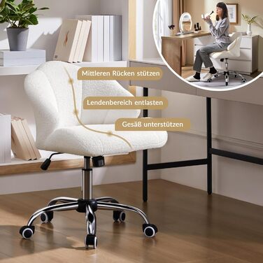 Крісло для дому та офісу Yaheetech, крісло для макіяжу, регульоване по висоті, поворотне, офісне крісло у формі мушлі, крісло з роликами, оксамитове крісло, до 136 кг, білий (сніжно-білий)