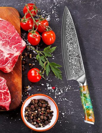 Ніж кухарський 20 см Xuan Серія VG10 Дамаський сталь - Ніж для кухні з ручкою з смоли (Фантастичний помаранчевий)