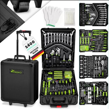 Набір інструментів TRESKO 1400 предметів у кейсі: професійний валіза з інструментами з Cr-V сталі (зелений)