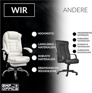 Ергономічне крісло для офісу RMF, регульоване, зручне та розслаблююче - крісло з підніжкою, обертається, регулюється по висоті, біле