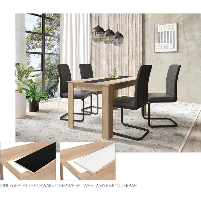 Обідній стіл byLIVING Nori: сучасний дизайн, ефект дуба, вставка в кольорі чорного або білого, розмір 160x90 см, висота 75 см