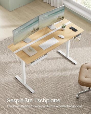 Електричний регульований стіл VASAGLE з пам'яттю висоти, з розетками та ящиком для зберігання, хмаринно-білий + золотий дуб, LSD112W01