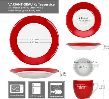 MamboCat Кавовий сервіс на 18 персон: 6 чашок (200 мл), 6 блюдець, 6 тарілок | Кольоровий фарфоровий посуд для кави та сніданку