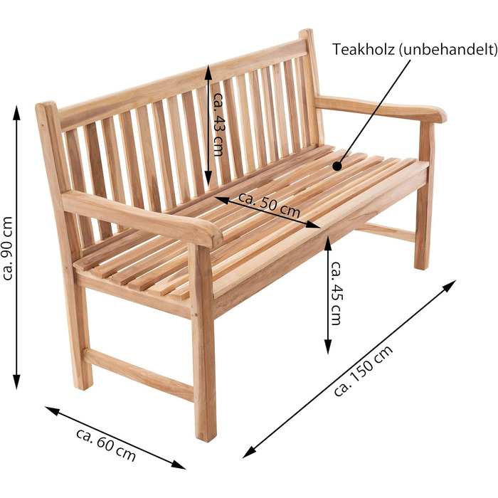 Садова лавка Divero Abruzzo 3-місна з тикового дерева, коричнева (натуральний тік)