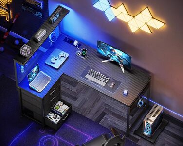 Ігровий стіл Coleshome з LED-підсвічуванням 110x80 см, з ящиками та розетками, з полицею, чорний, карбон