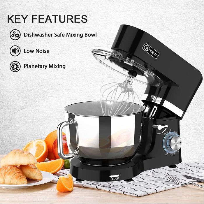 Кухонна машина 1500W з чашею 6.2L з нержавіючої сталі, 6 швидкостей, міксер для тіста, з набором насадок (вічорник, гак для тіста, вінчик), кришка-розбризкувач та скребок для тіста, чорна