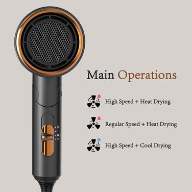 Компактний іонний фен для волосся 2000 Вт, складаний дорожній фен з дифузором та styling-насадкою, швидке сушіння, низький рівень шуму (Чорний)