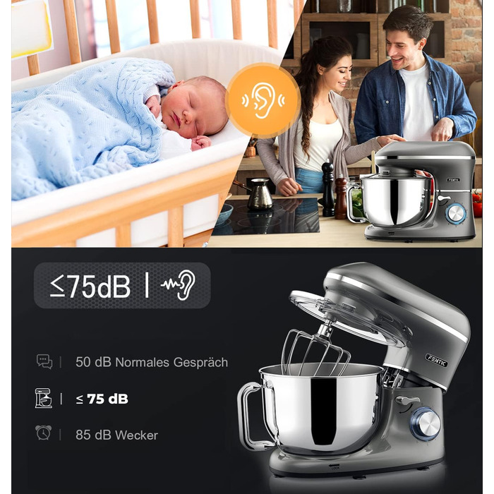 Кухонна машина 2000W з нержавіючої сталі, чаша 6.2 л, міксер з набором насадок (крюк, гак, вінчик, сплеск), колір антрацит