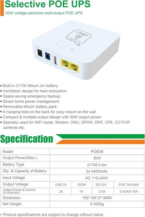 Mini UPS з внутрішньою батареєю високої ємності: 5V/9V/12V/PoE виходи для роутерів, камер, сигналізації