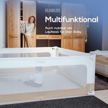 Захисний бортик для ліжка BEANBUDS® 200 см, бежевий - захист від випадання для дитячого та батьківського ліжка, з ременями для кріплення (1 сторона)