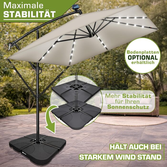 Прямокутна алюмінієва парасолька від сонця tillvex® 330 см з LED-підсвіткою, ручкою та чохлом, боковий стілець-опора, захист від UV та води (Taupe)